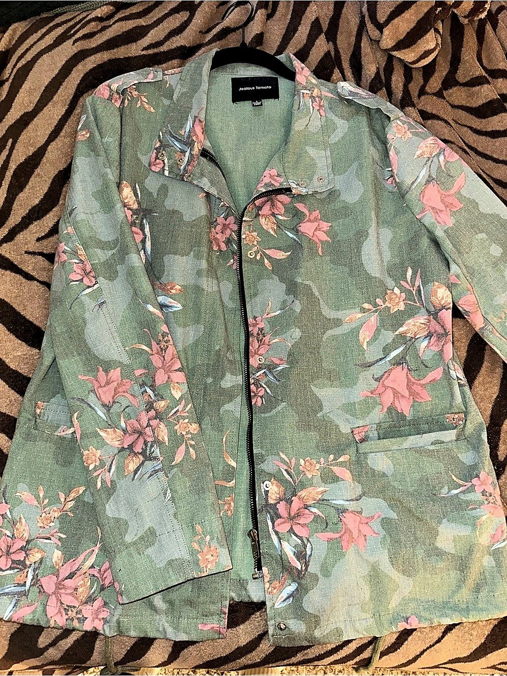 Jealous Tomato Floral Utility Jacket in Green & Pink Like New